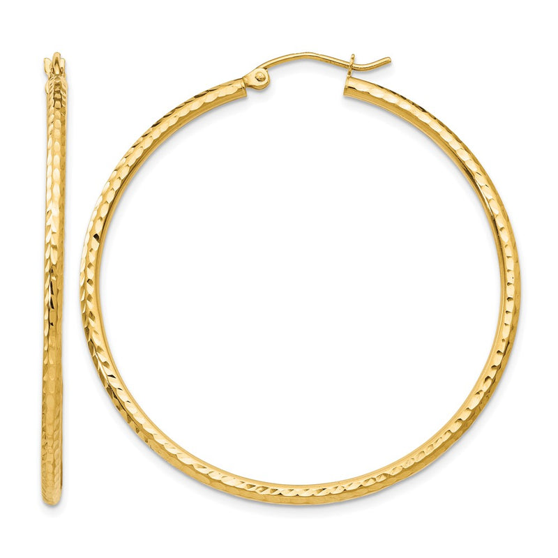 14K Yellow Gold Diamond Cut 2mm Round Tube Hoop Earrings
