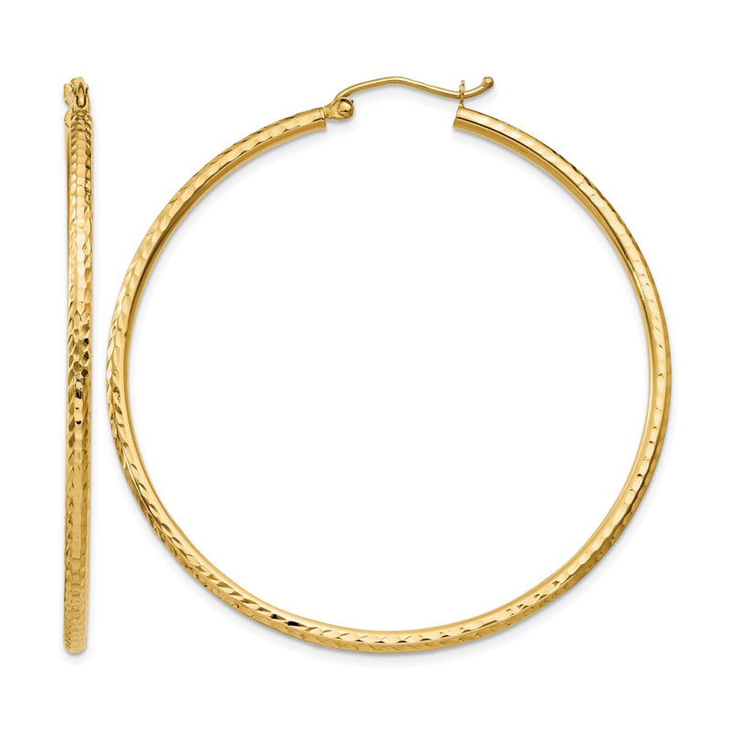 14K Yellow Gold Diamond Cut 2mm Round Tube Hoop Earrings