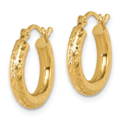 14K Yellow Gold Diamond Cut 3mm Round Hoop Earrings