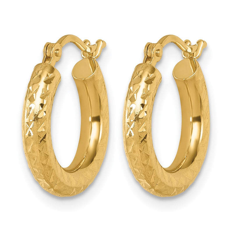 14K Yellow Gold Diamond Cut 3mm Round Hoop Earrings