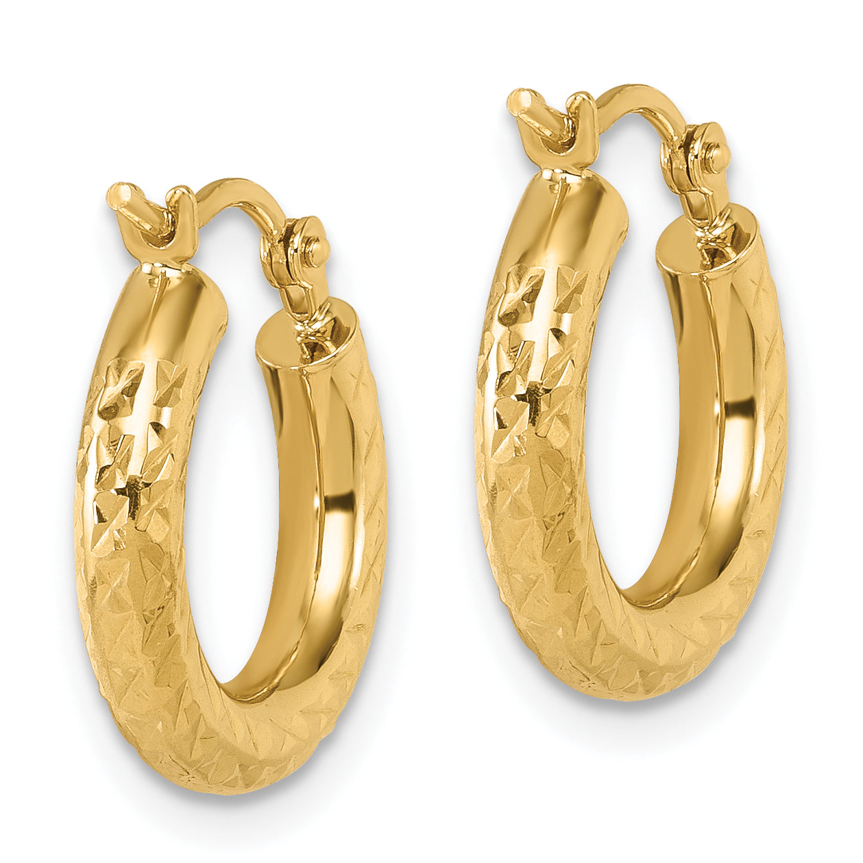 14K Yellow Gold Diamond Cut 3mm Round Hoop Earrings