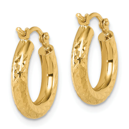 14K Yellow Gold Diamond Cut 3mm Round Hoop Earrings