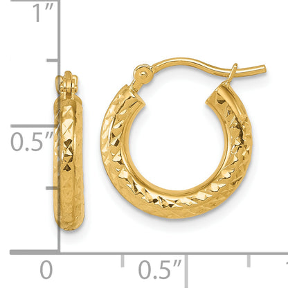 14K Yellow Gold Diamond Cut 3mm Round Hoop Earrings