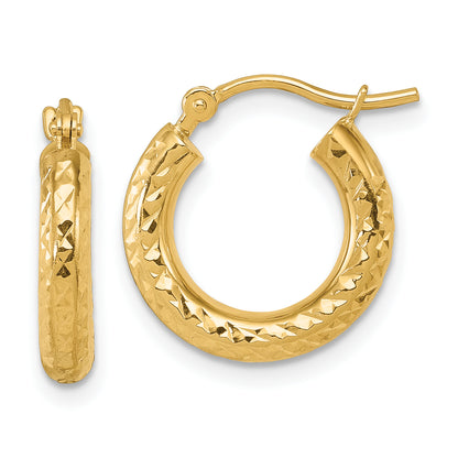 14K Yellow Gold Diamond Cut 3mm Round Hoop Earrings