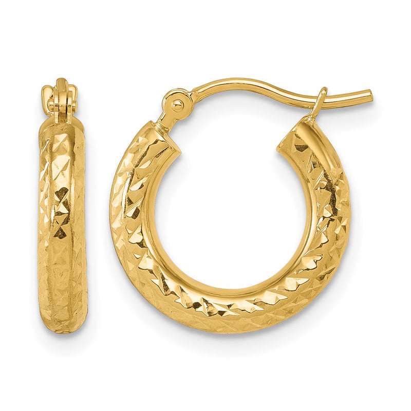 14K Yellow Gold Diamond Cut 3mm Round Hoop Earrings