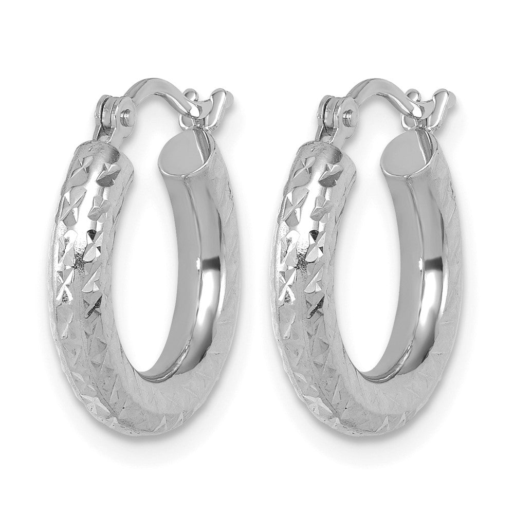 14K White Gold Diamond Cut 3mm Round Hoop Earrings