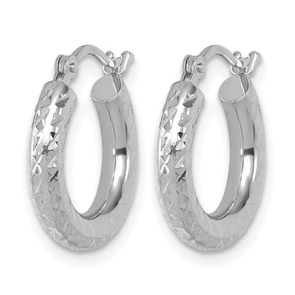 14K White Gold Diamond Cut 3mm Round Hoop Earrings