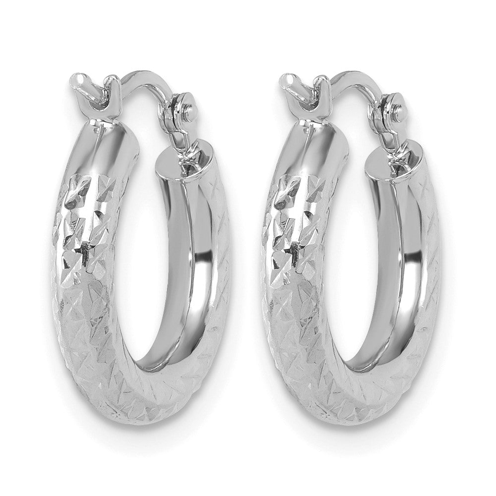 14K White Gold Diamond Cut 3mm Round Hoop Earrings