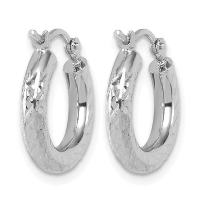 14K White Gold Diamond Cut 3mm Round Hoop Earrings