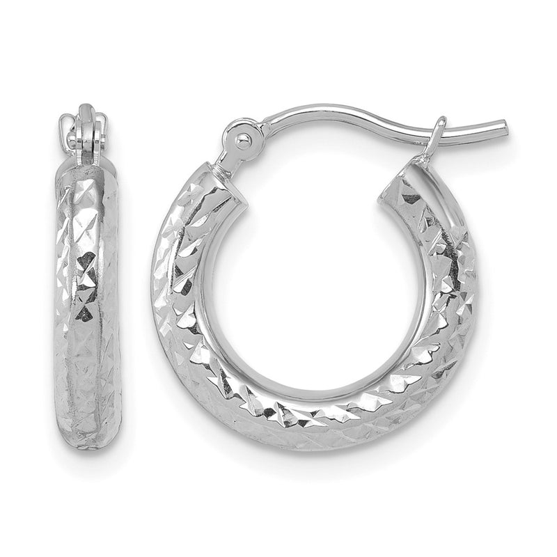 14K White Gold Diamond Cut 3mm Round Hoop Earrings