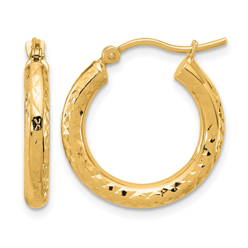 14K Yellow Gold Diamond Cut 3mm Round Hoop Earrings