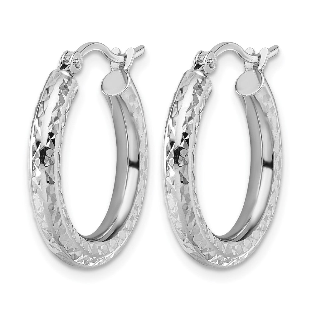 14K White Gold Diamond Cut 3mm Round Hoop Earrings