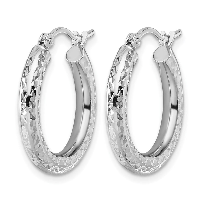 14K White Gold Diamond Cut 3mm Round Hoop Earrings