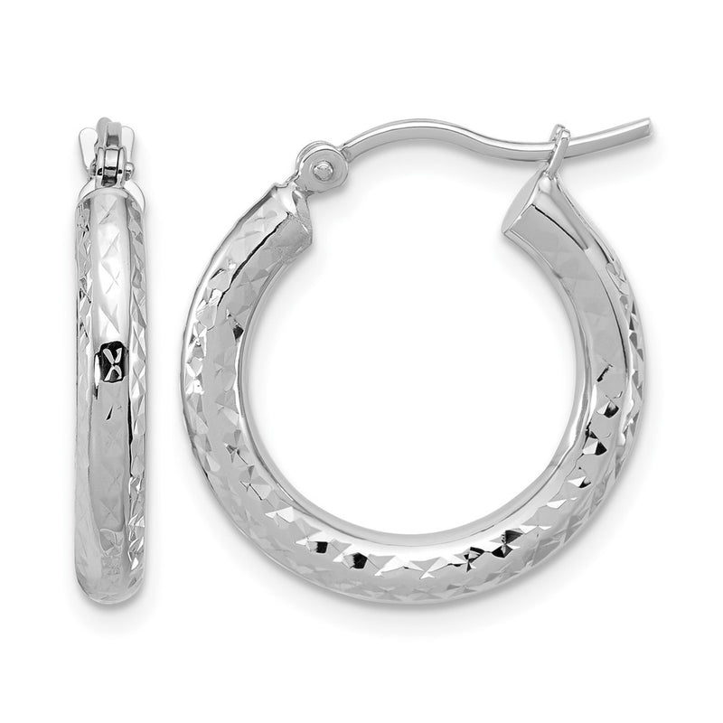 14K White Gold Diamond Cut 3mm Round Hoop Earrings