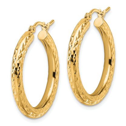 14K Yellow Gold Diamond Cut 3mm Round Hoop Earrings