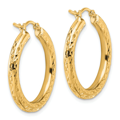 14K Yellow Gold Diamond Cut 3mm Round Hoop Earrings
