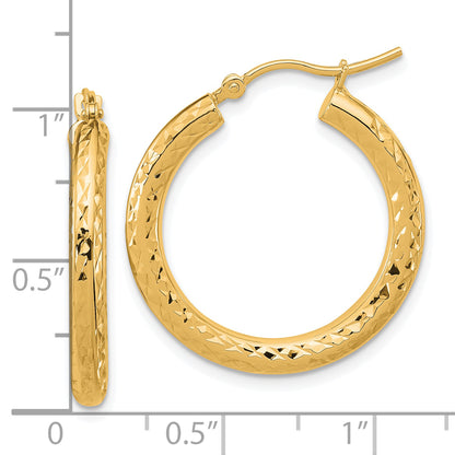 14K Yellow Gold Diamond Cut 3mm Round Hoop Earrings