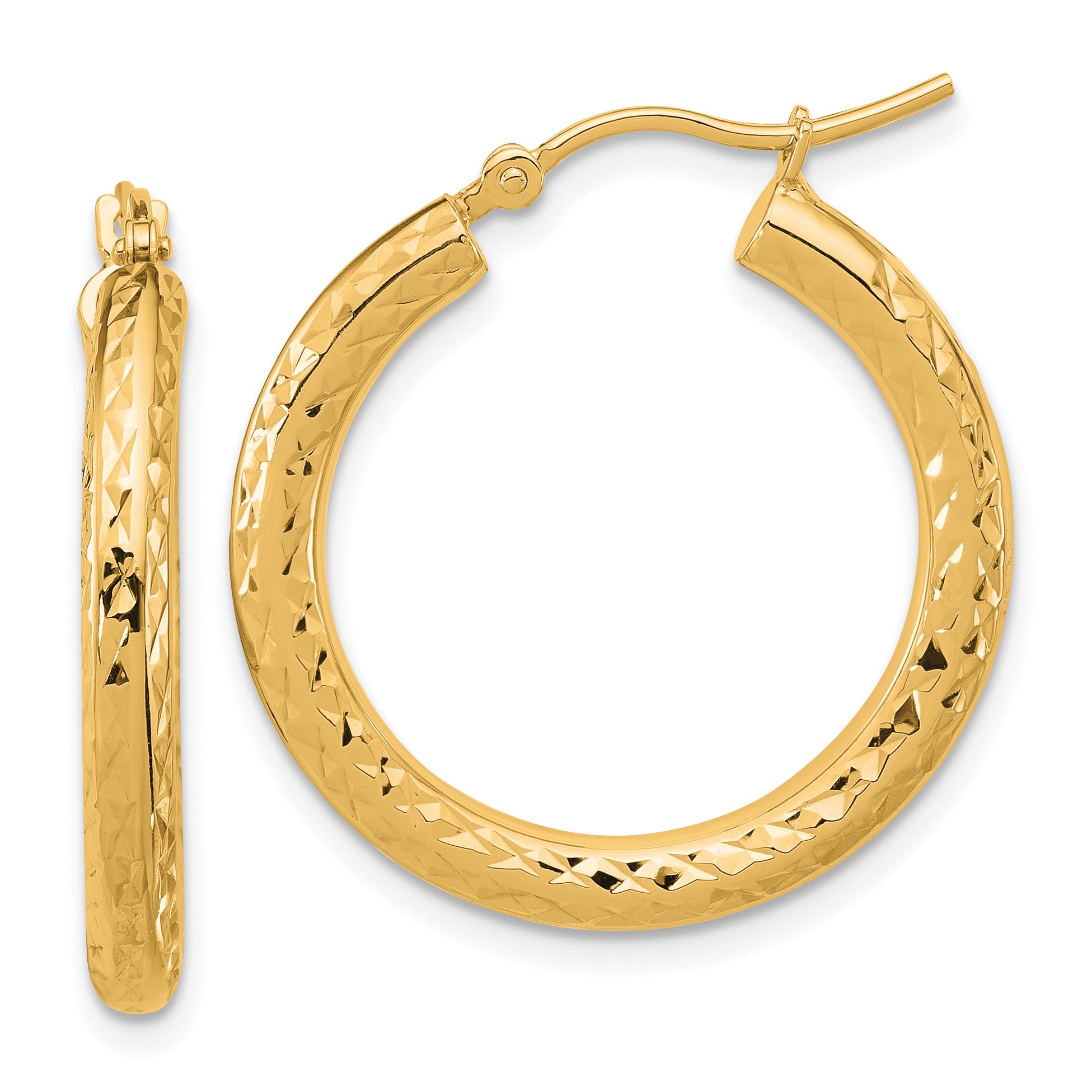 14K Yellow Gold Diamond Cut 3mm Round Hoop Earrings