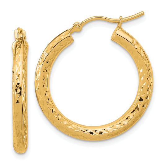 14K Yellow Gold Diamond Cut 3mm Round Hoop Earrings