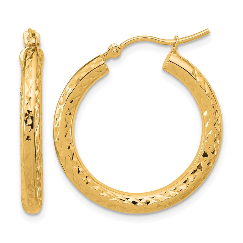 14K Yellow Gold Diamond Cut 3mm Round Hoop Earrings