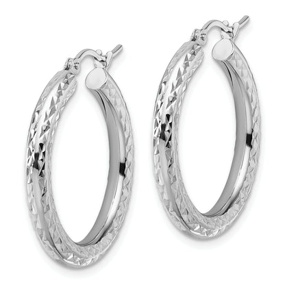 14K White Gold Diamond Cut 3mm Round Hoop Earrings