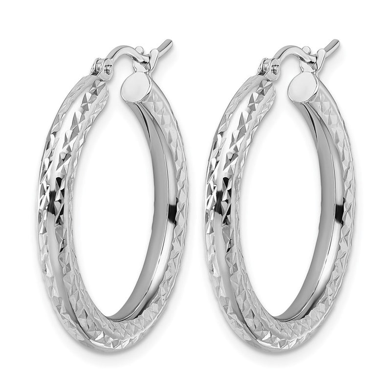 14K White Gold Diamond Cut 3mm Round Hoop Earrings