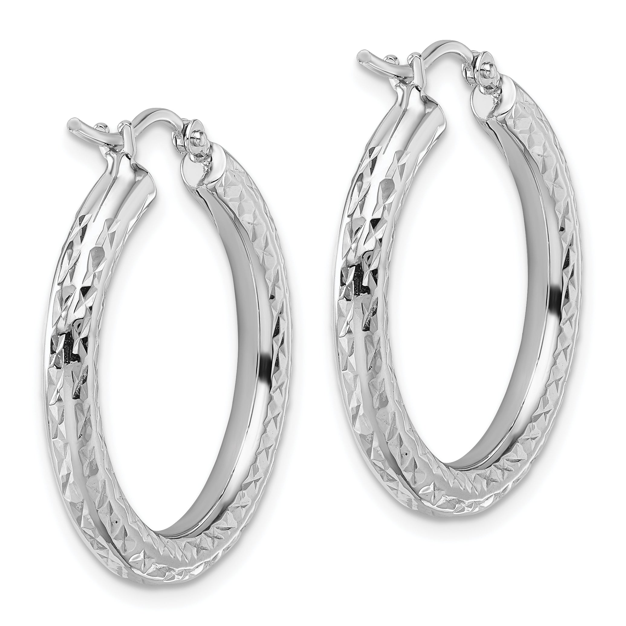 14K White Gold Diamond Cut 3mm Round Hoop Earrings