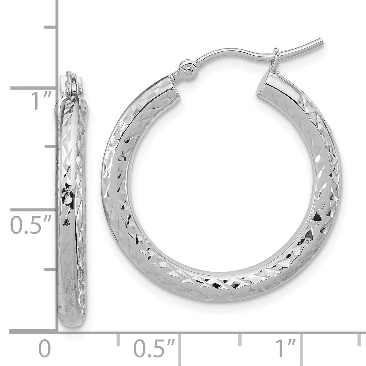 14K White Gold Diamond Cut 3mm Round Hoop Earrings