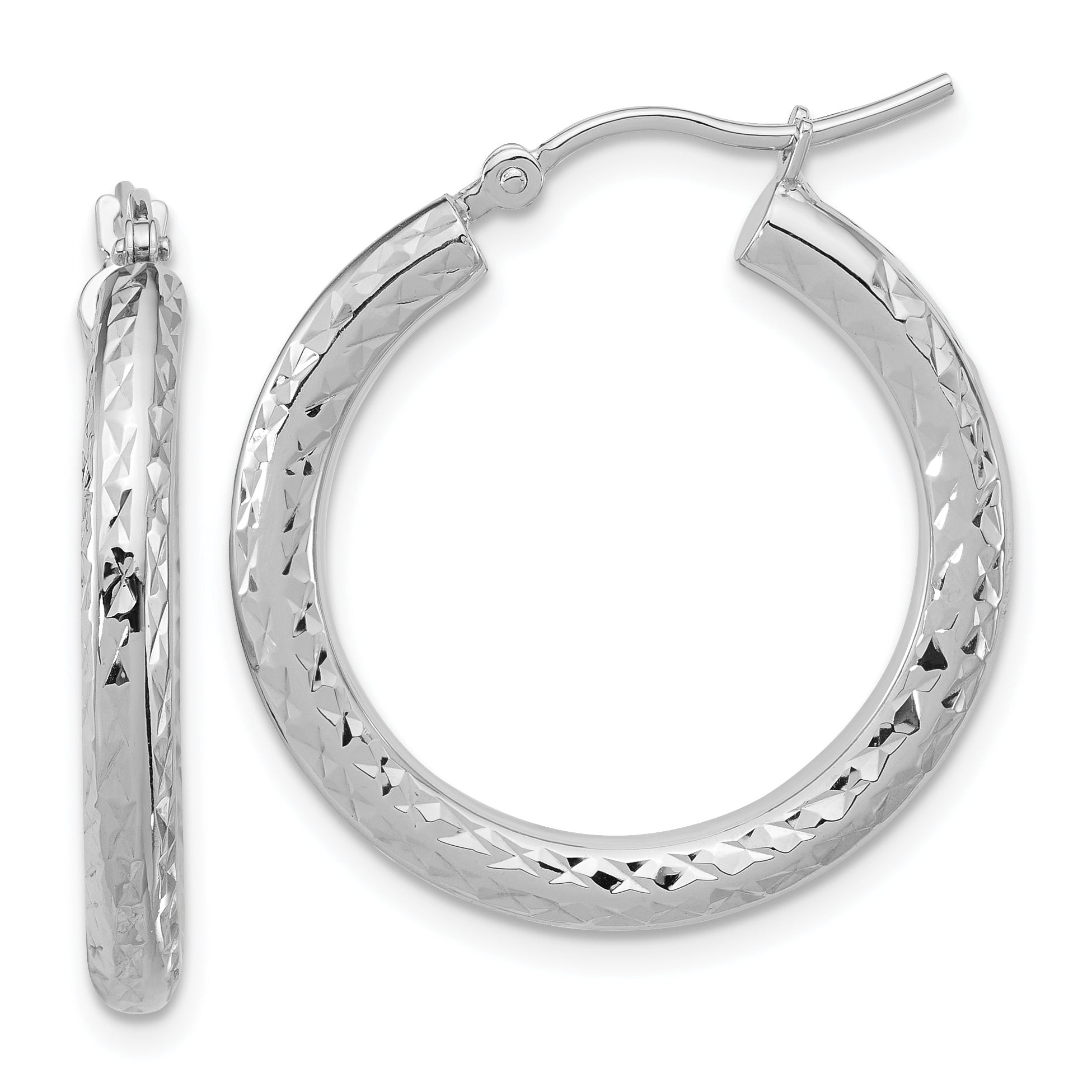 14K White Gold Diamond Cut 3mm Round Hoop Earrings