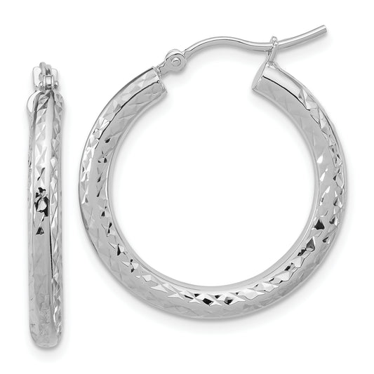 14K White Gold Diamond Cut 3mm Round Hoop Earrings