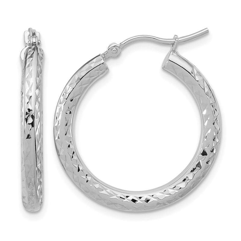 14K White Gold Diamond Cut 3mm Round Hoop Earrings
