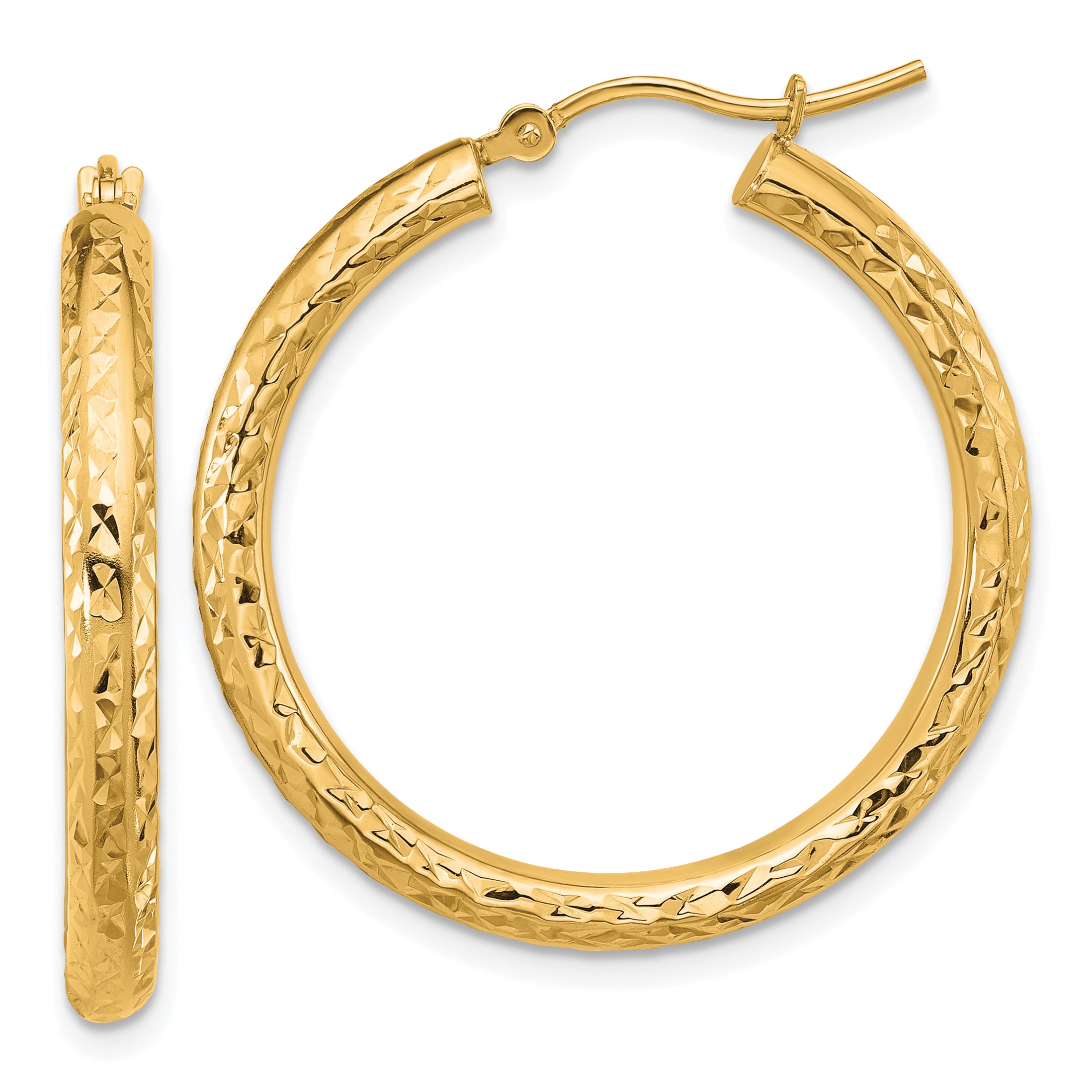 14K Yellow Gold Diamond Cut 3mm Round Hoop Earrings