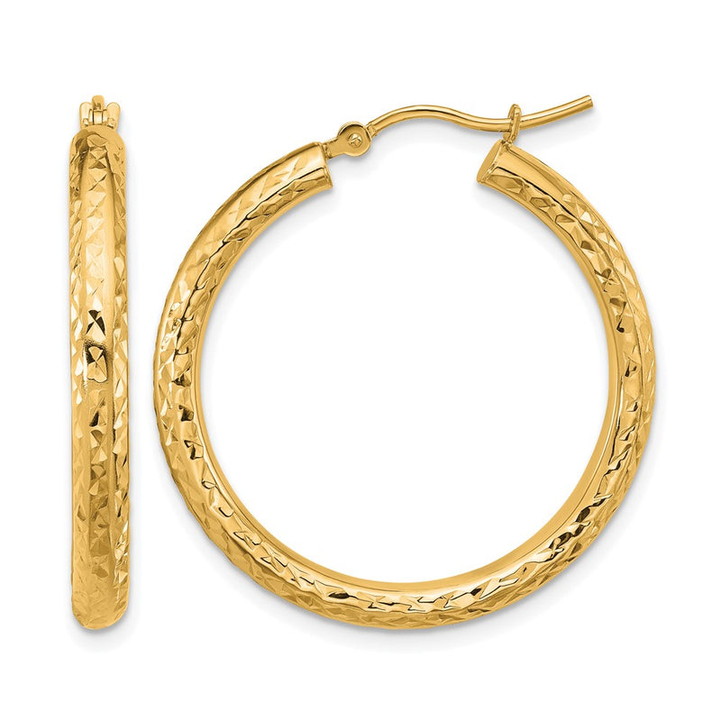 14K Yellow Gold Diamond Cut 3mm Round Hoop Earrings