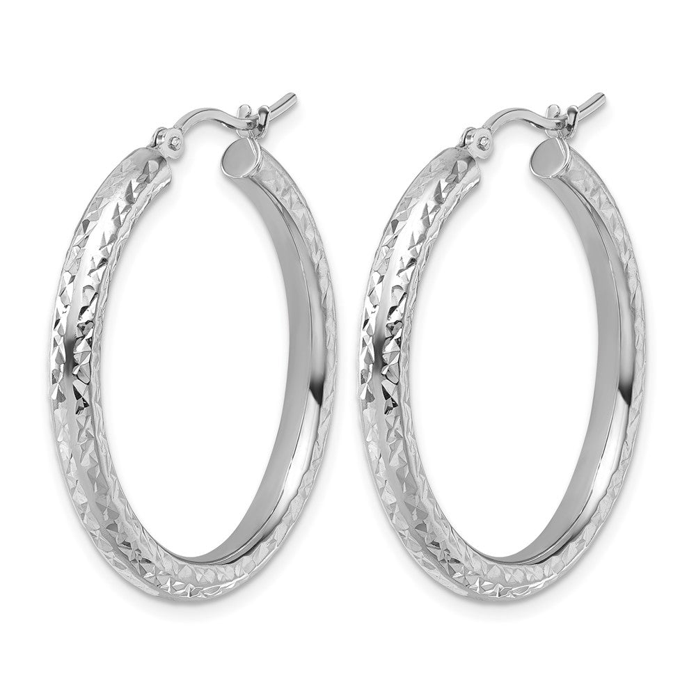 14K White Gold Diamond Cut 3mm Round Hoop Earrings