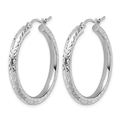 14K White Gold Diamond Cut 3mm Round Hoop Earrings