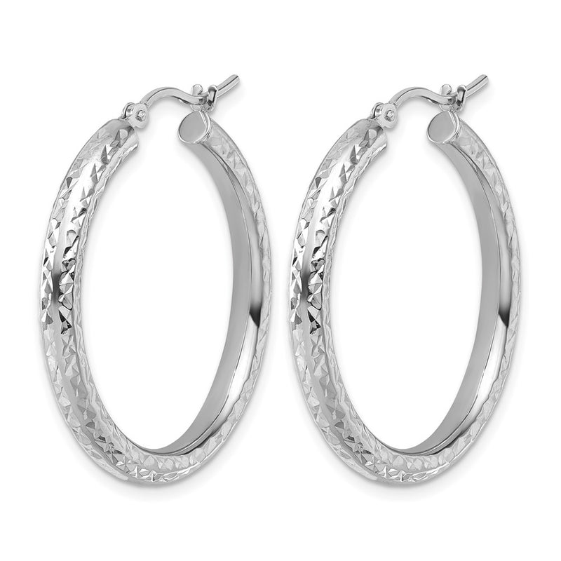 14K White Gold Diamond Cut 3mm Round Hoop Earrings