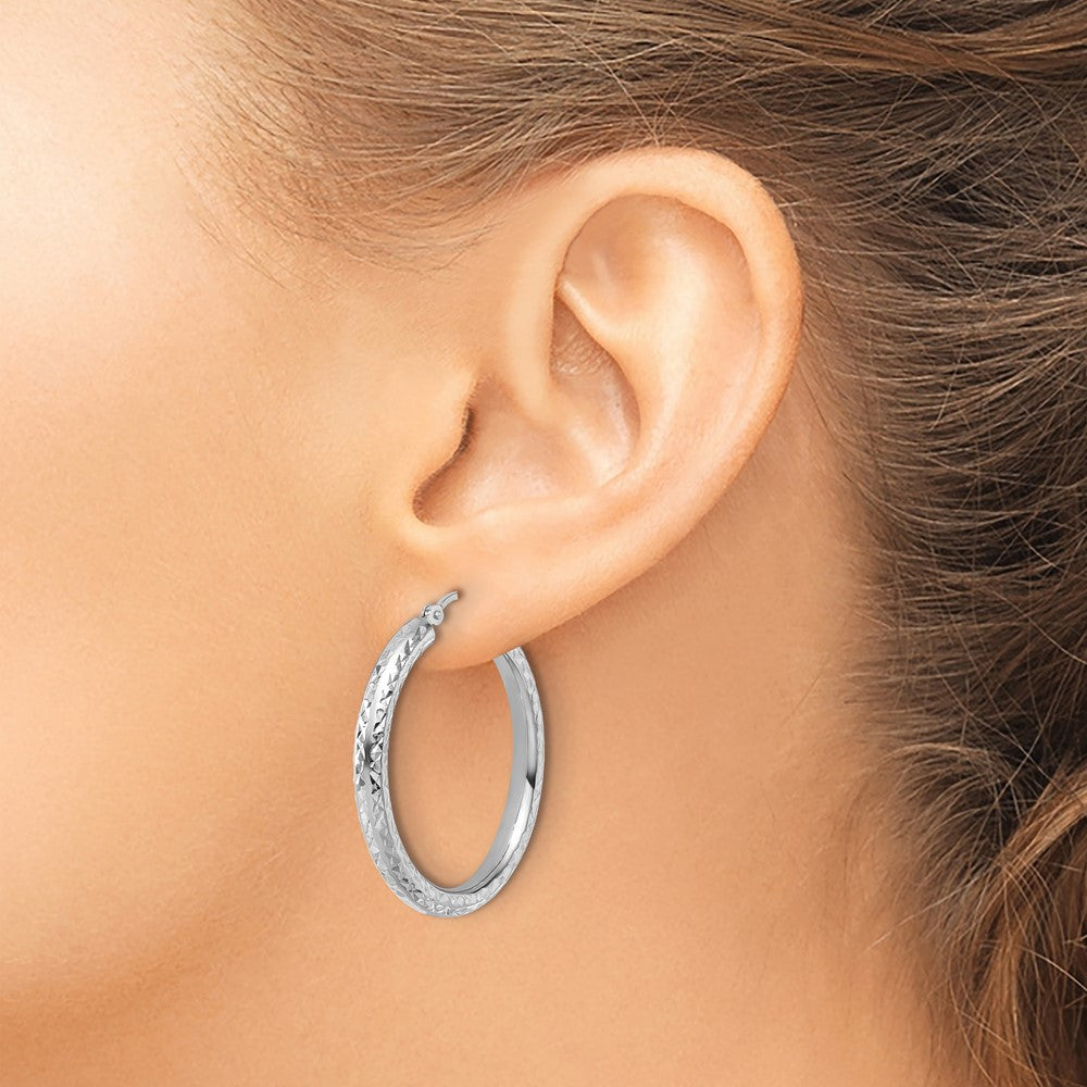 14K White Gold Diamond Cut 3mm Round Hoop Earrings