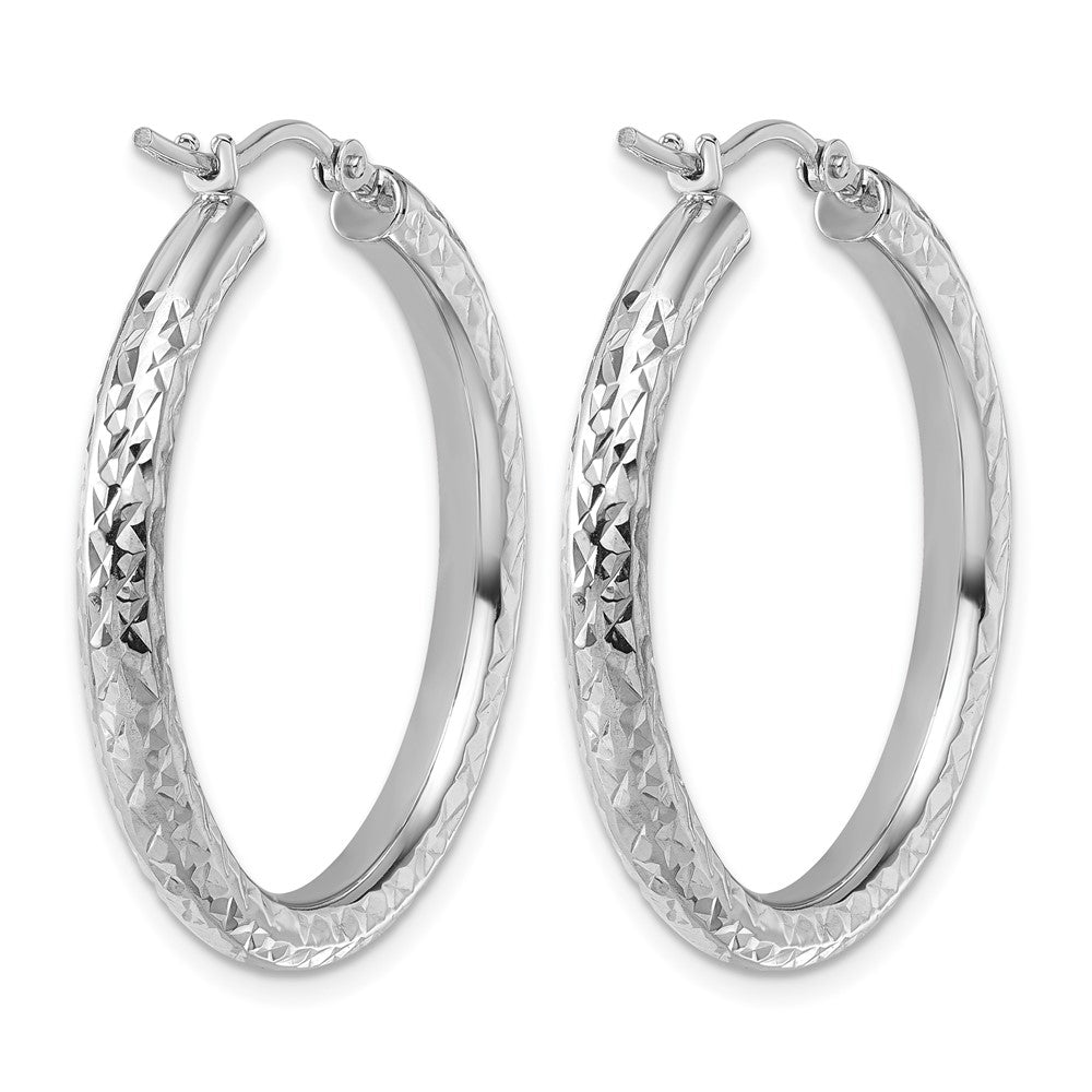 14K White Gold Diamond Cut 3mm Round Hoop Earrings