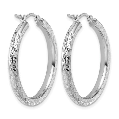 14K White Gold Diamond Cut 3mm Round Hoop Earrings