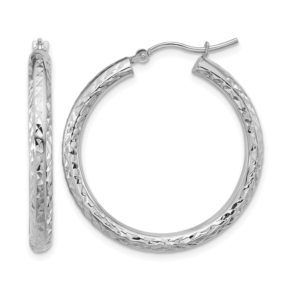 14K White Gold Diamond Cut 3mm Round Hoop Earrings