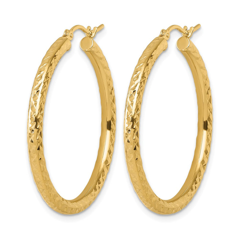14K Yellow Gold Diamond Cut 3mm Round Hoop Earrings