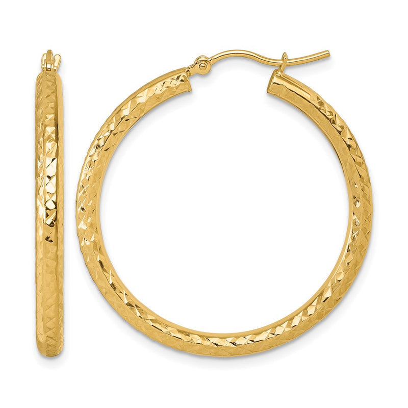 14K Yellow Gold Diamond Cut 3mm Round Hoop Earrings