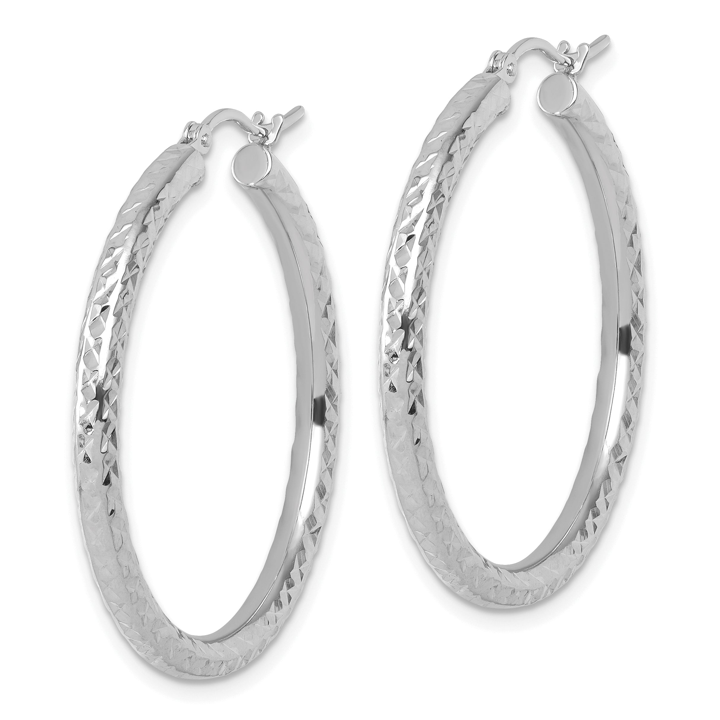 14K White Gold Diamond Cut 3mm Round Hoop Earrings