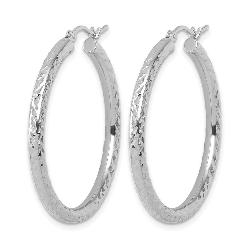 14K White Gold Diamond Cut 3mm Round Hoop Earrings