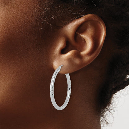 14K White Gold Diamond Cut 3mm Round Hoop Earrings