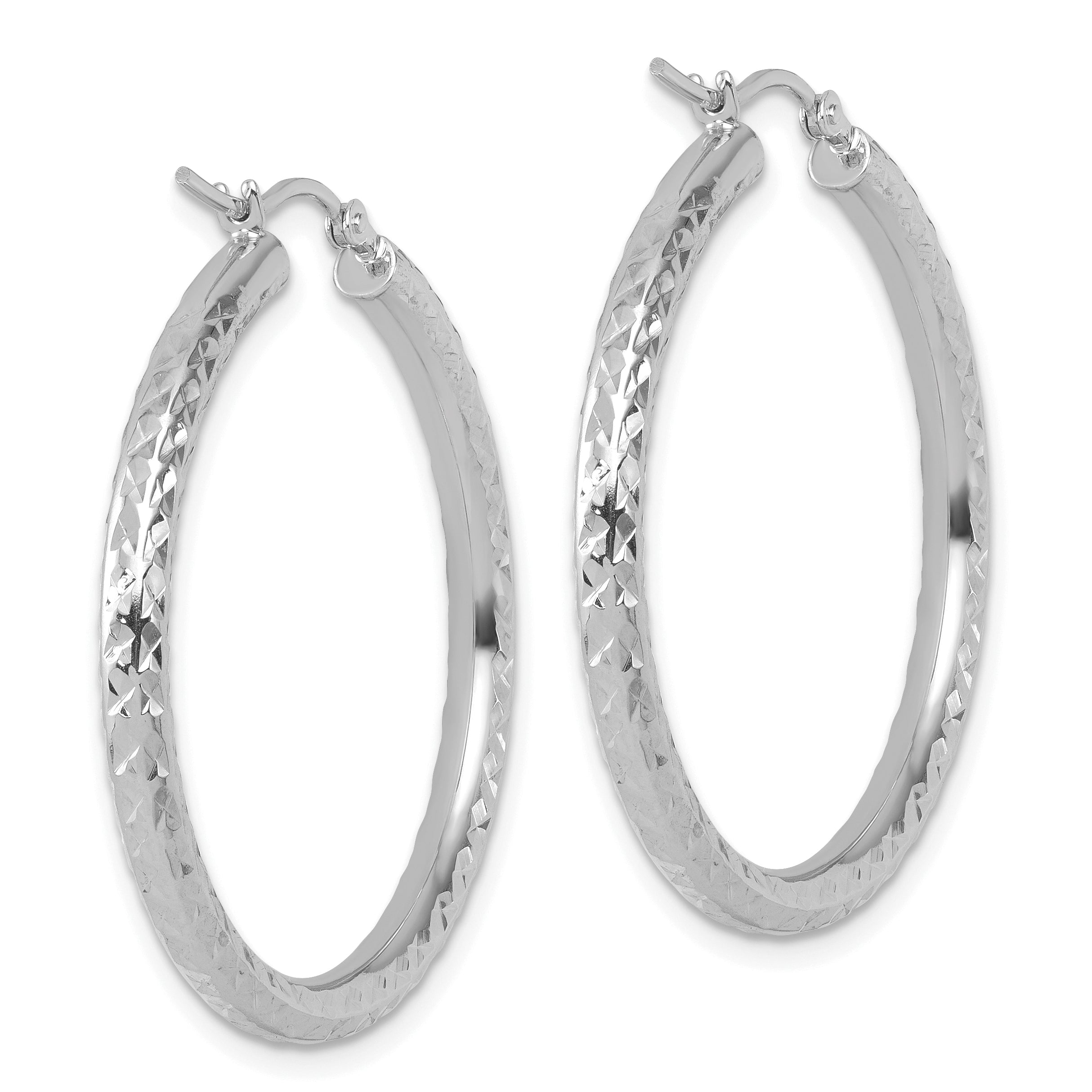 14K White Gold Diamond Cut 3mm Round Hoop Earrings