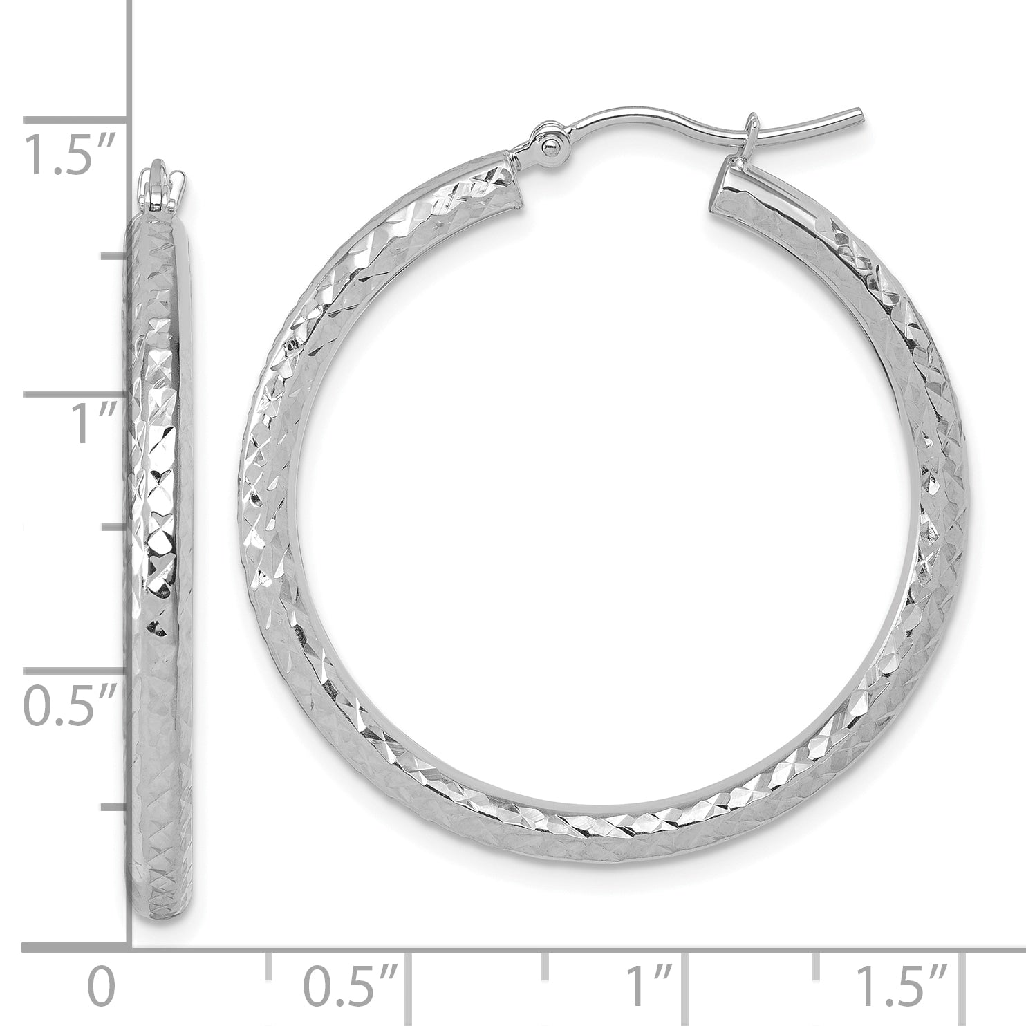 14K White Gold Diamond Cut 3mm Round Hoop Earrings