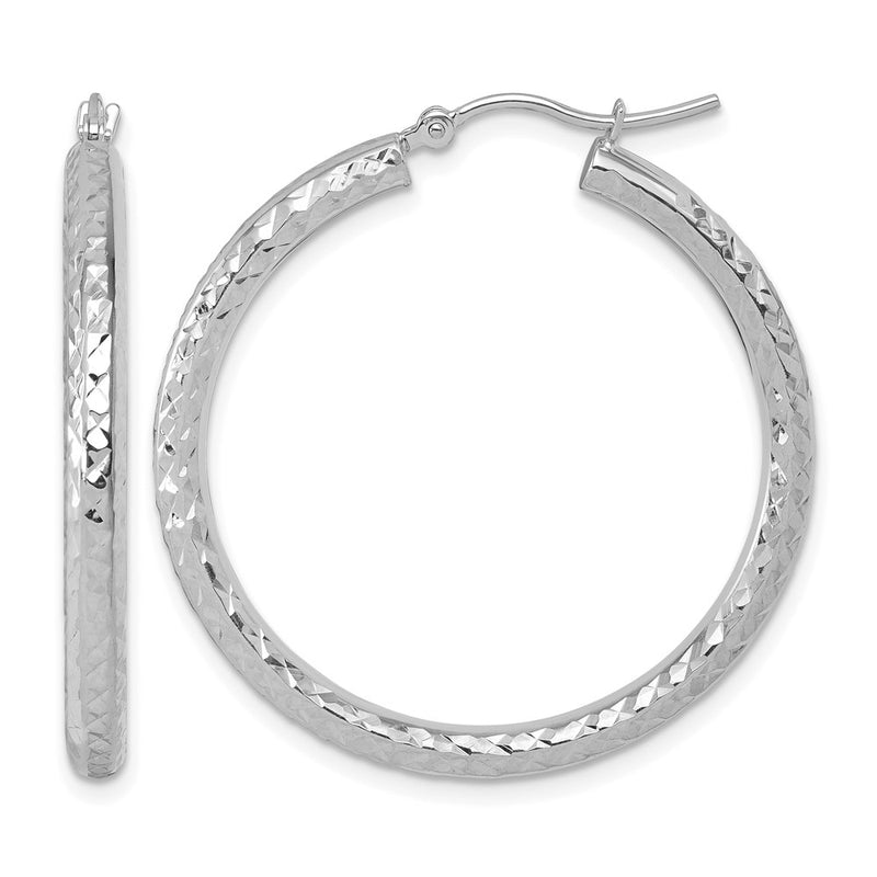 14K White Gold Diamond Cut 3mm Round Hoop Earrings