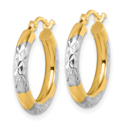 14K Yellow & Rhodium With Diamond Cut 3mm Hoop Earrings