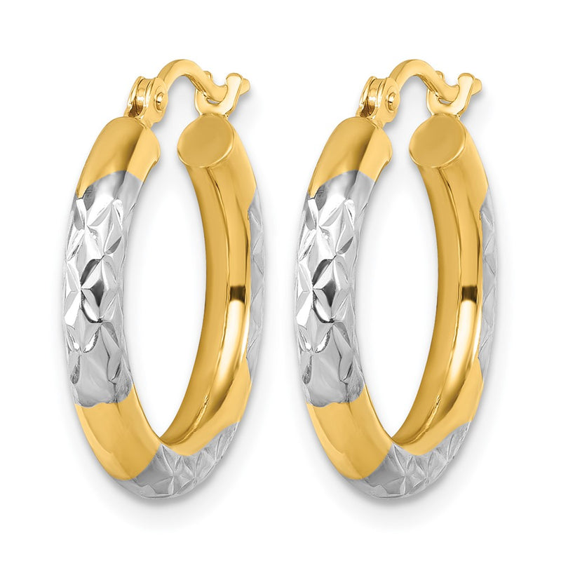 14K Yellow & Rhodium With Diamond Cut 3mm Hoop Earrings